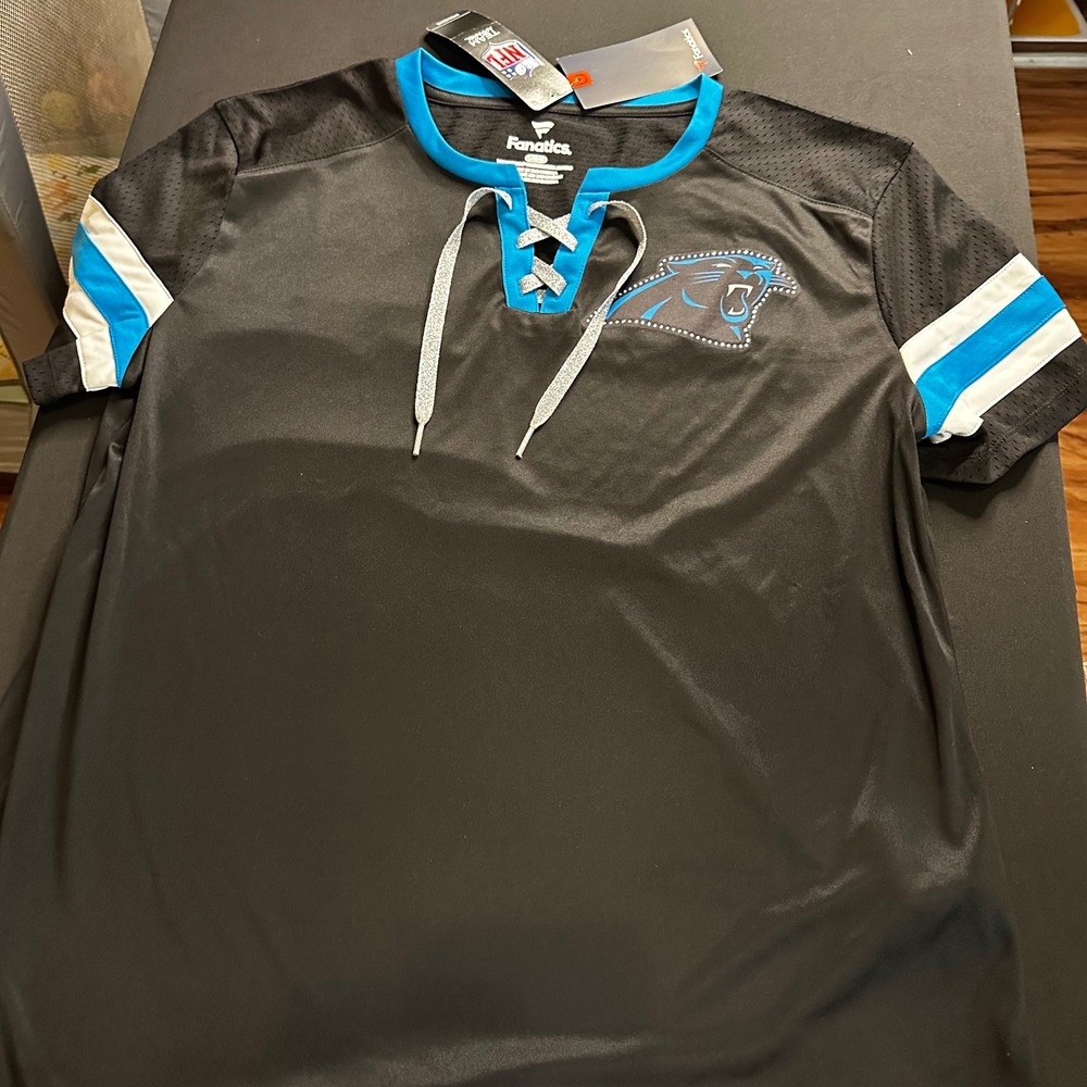 Fanatics NFL Carolina Panthers Womens Lace Up Jersey Top Black Blue Large NWT